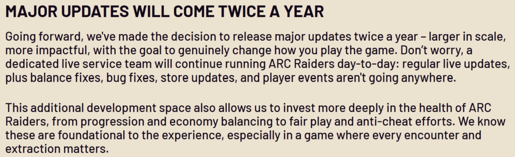 Arc Raiders update message.